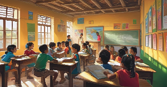 A volunteer is teaching English to a group of smiling underprivileged children in a colorful classroom filled with educational posters.