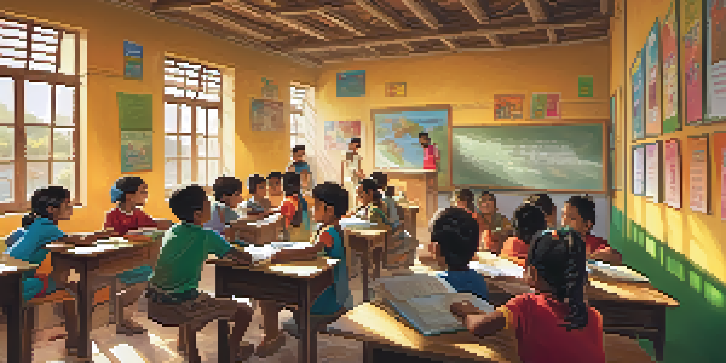 A volunteer is teaching English to a group of smiling underprivileged children in a colorful classroom filled with educational posters.