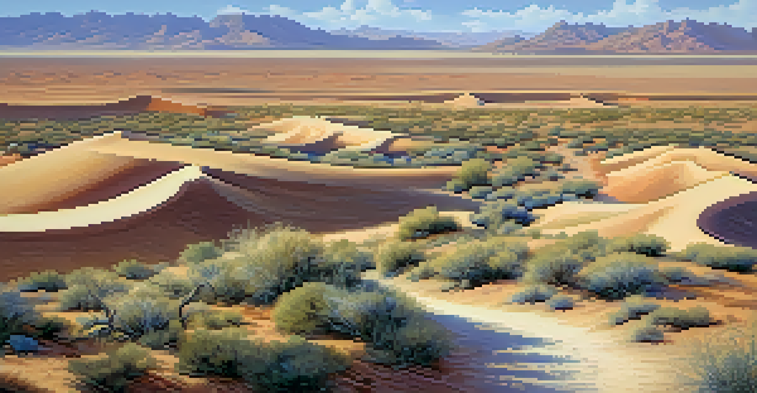 Aerial view of a winding path in the desert with shrubs, rocks, and a blue sky dotted with clouds.