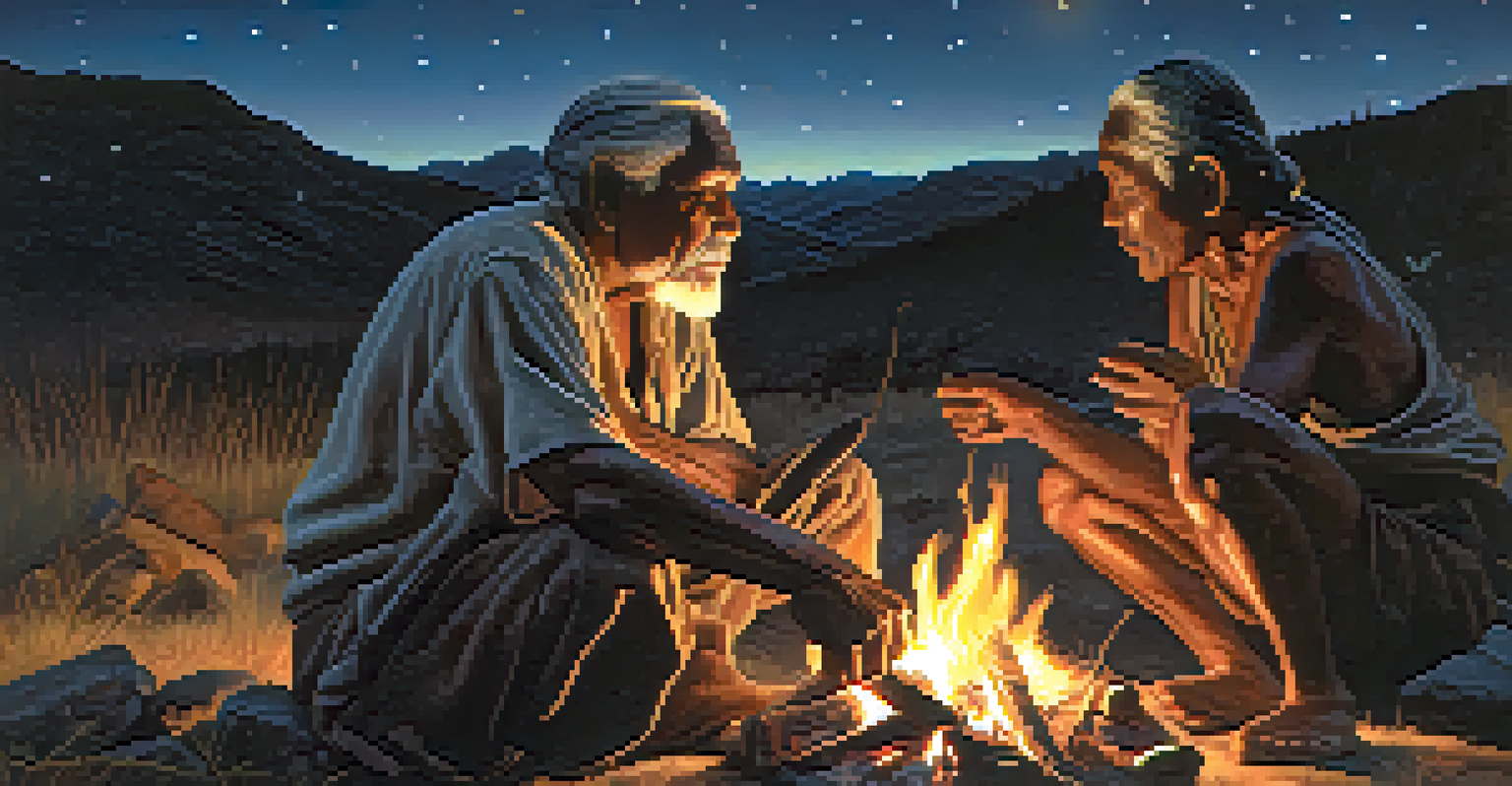 An Indigenous elder sharing a legend around a campfire with children, under a starry sky, creating a warm and intimate storytelling atmosphere.
