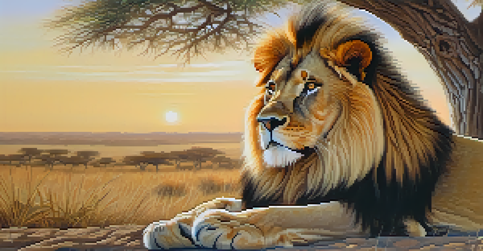 A close-up of a resting lion under a tree, showcasing its golden mane and a blurred savannah backdrop.