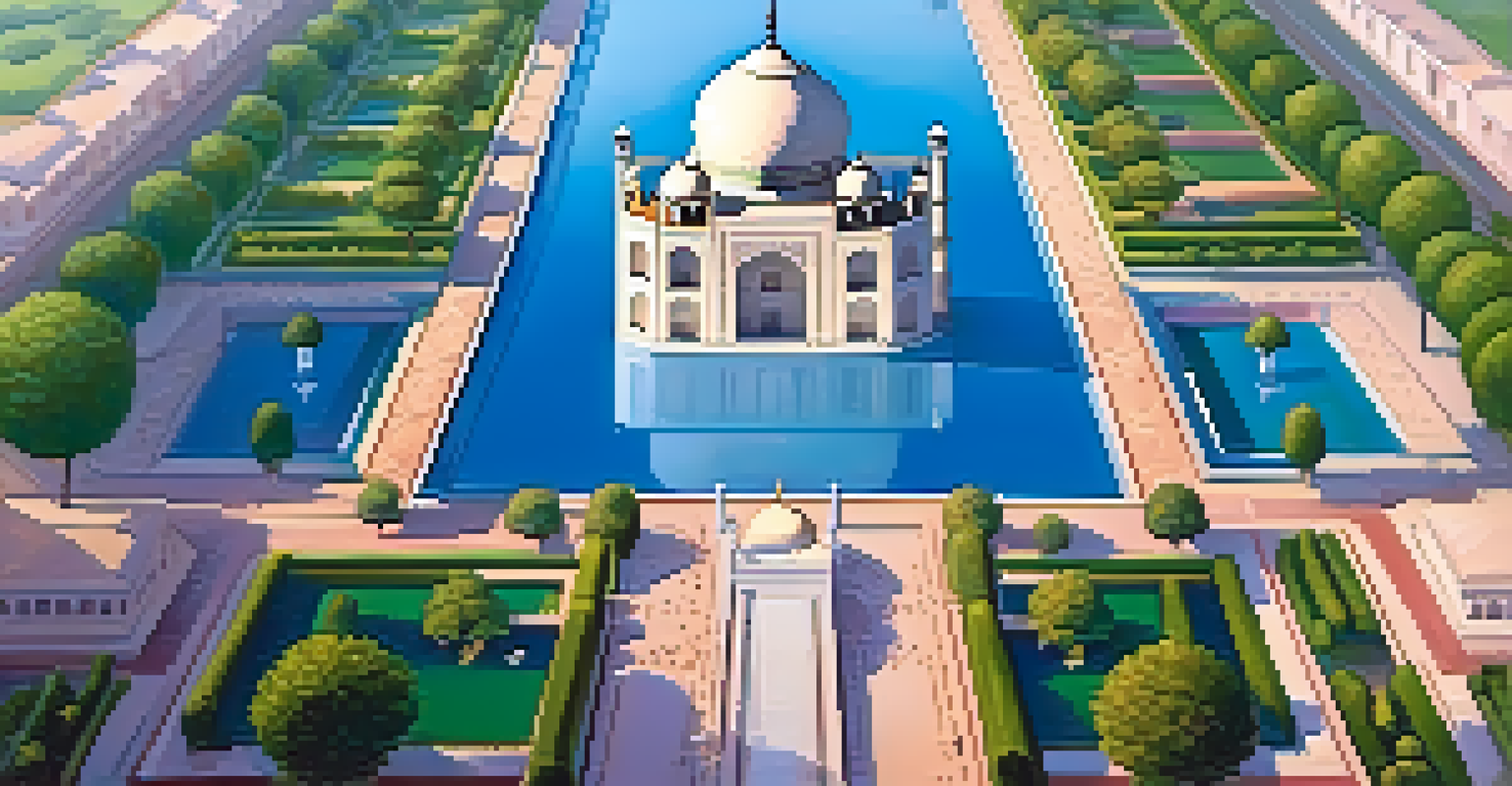 An aerial perspective of the Taj Mahal with beautiful gardens and clear blue skies.