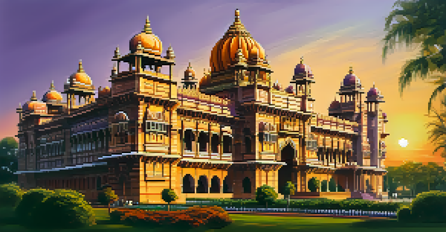 The Mysore Palace at sunset, showcasing its intricate architecture and surrounded by lush gardens under a vibrant sky.
