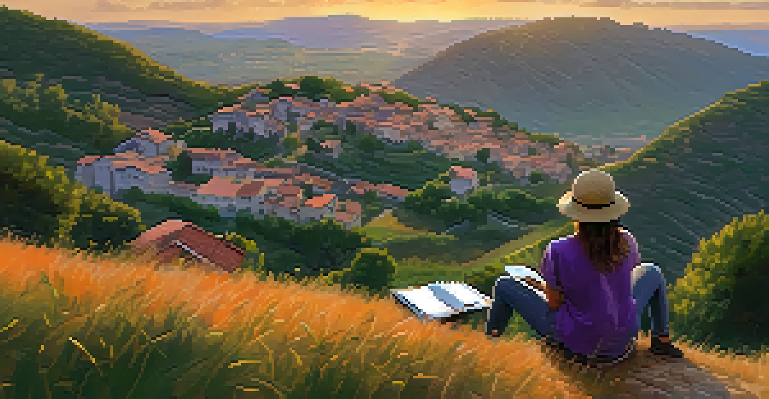 A traveler sitting on a hillside sketching a picturesque village at sunset, surrounded by vibrant colors and lush greenery.