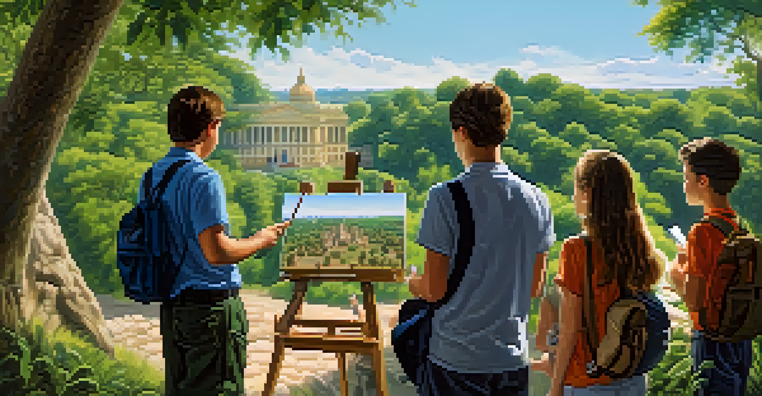 Students on an outdoor tour, listening to a guide at a historical site surrounded by nature.