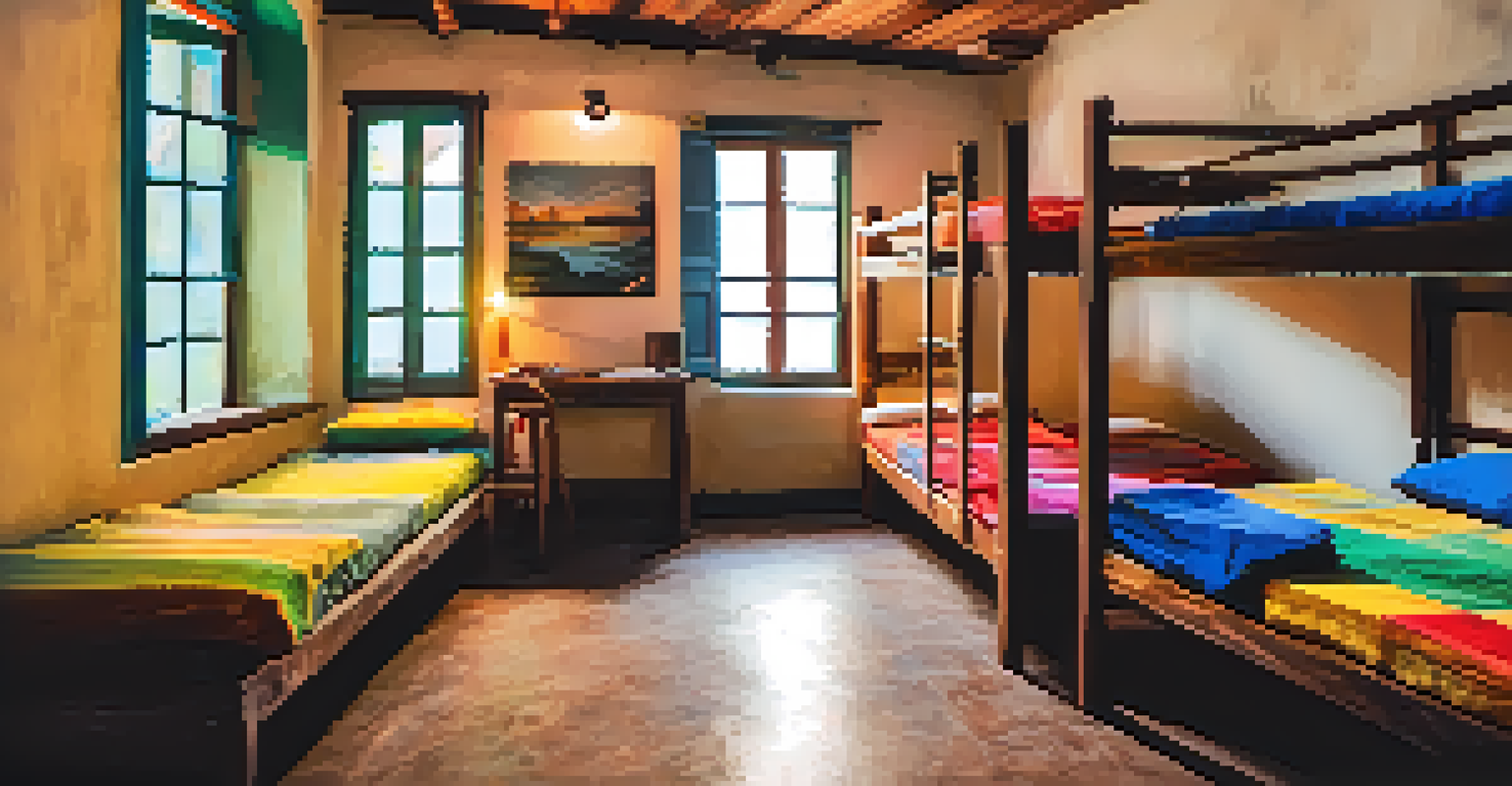 A cozy backpacker hostel room with colorful bunk beds, travel guides, and cultural decor.
