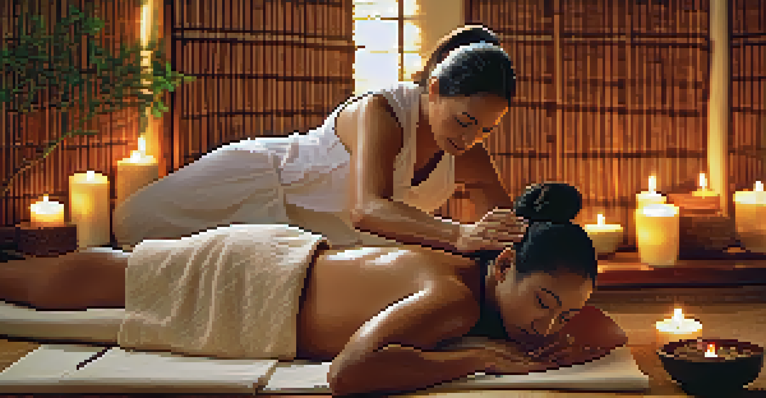 A serene treatment room where a person is receiving a traditional Ayurvedic massage with warm herbal oils, surrounded by calming decor.