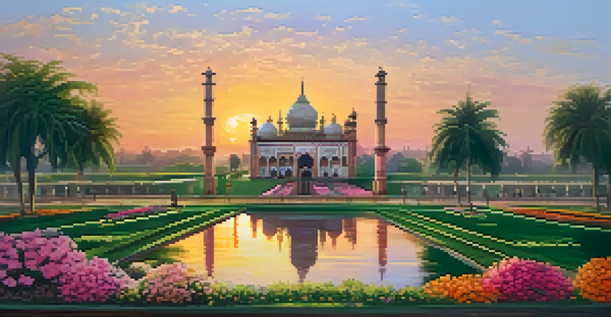 The Bara Imambara in Lucknow at sunset, featuring intricate Mughal architecture with golden and pink hues in the sky.
