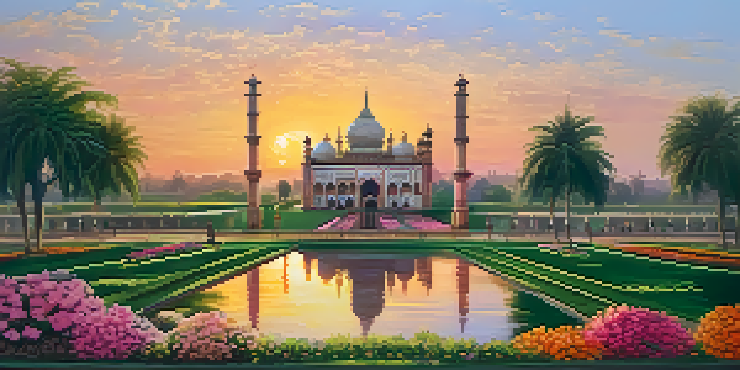 The Bara Imambara in Lucknow at sunset, featuring intricate Mughal architecture with golden and pink hues in the sky.