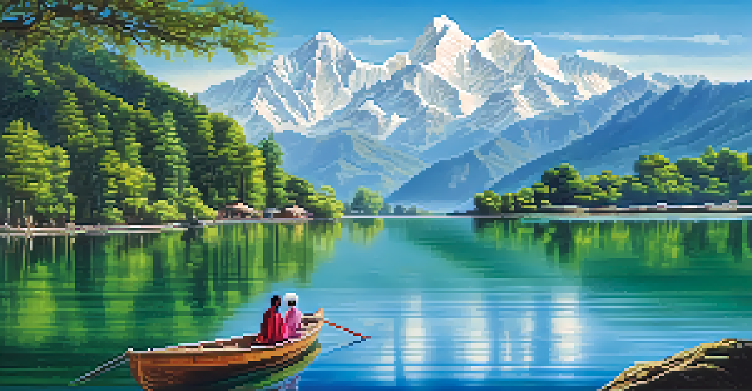 A serene Himalayan lake reflecting mountains and a couple in a wooden boat enjoying the scenery.