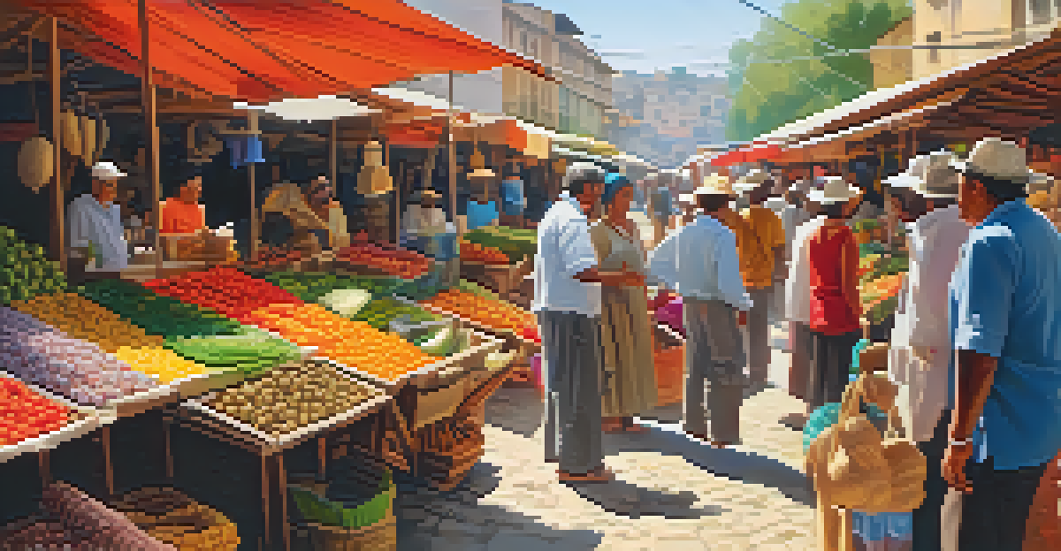 A traveler happily interacting with local artisans at a colorful market, surrounded by handmade crafts and fresh produce.