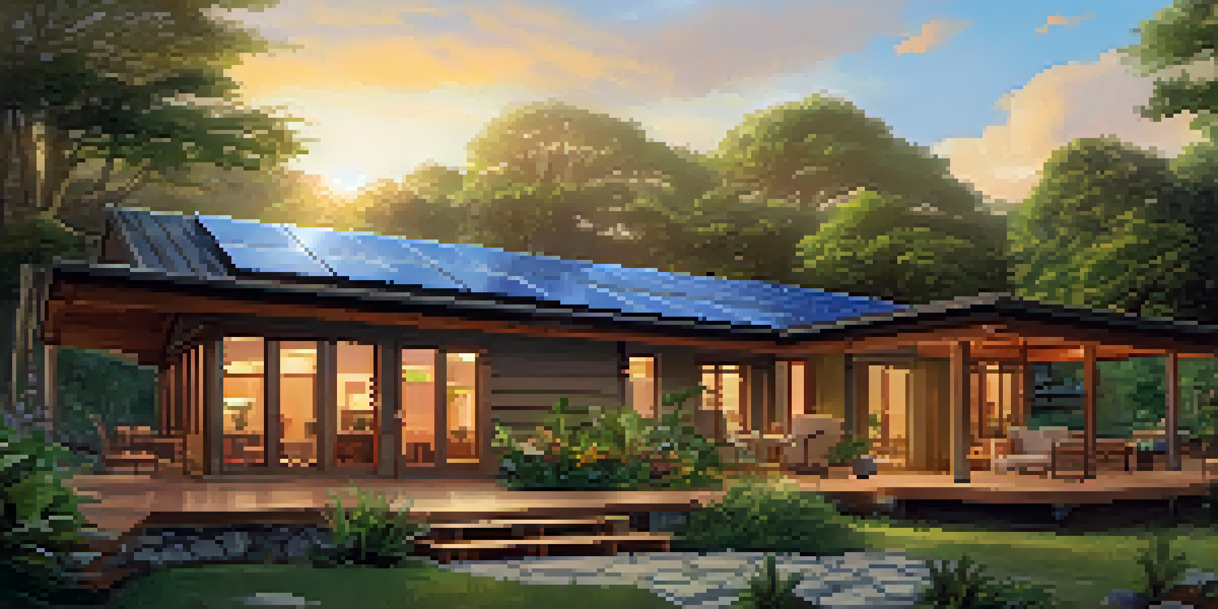 An eco-friendly lodge surrounded by greenery at sunset, showcasing solar panels and a wooden deck.