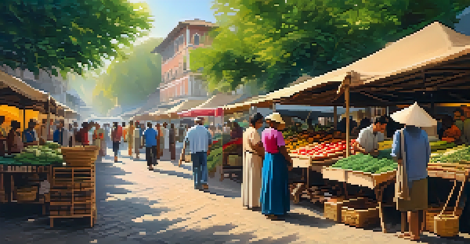 A lively market with travelers and local artisans exchanging goods and stories, filled with colorful stalls and sunlight.