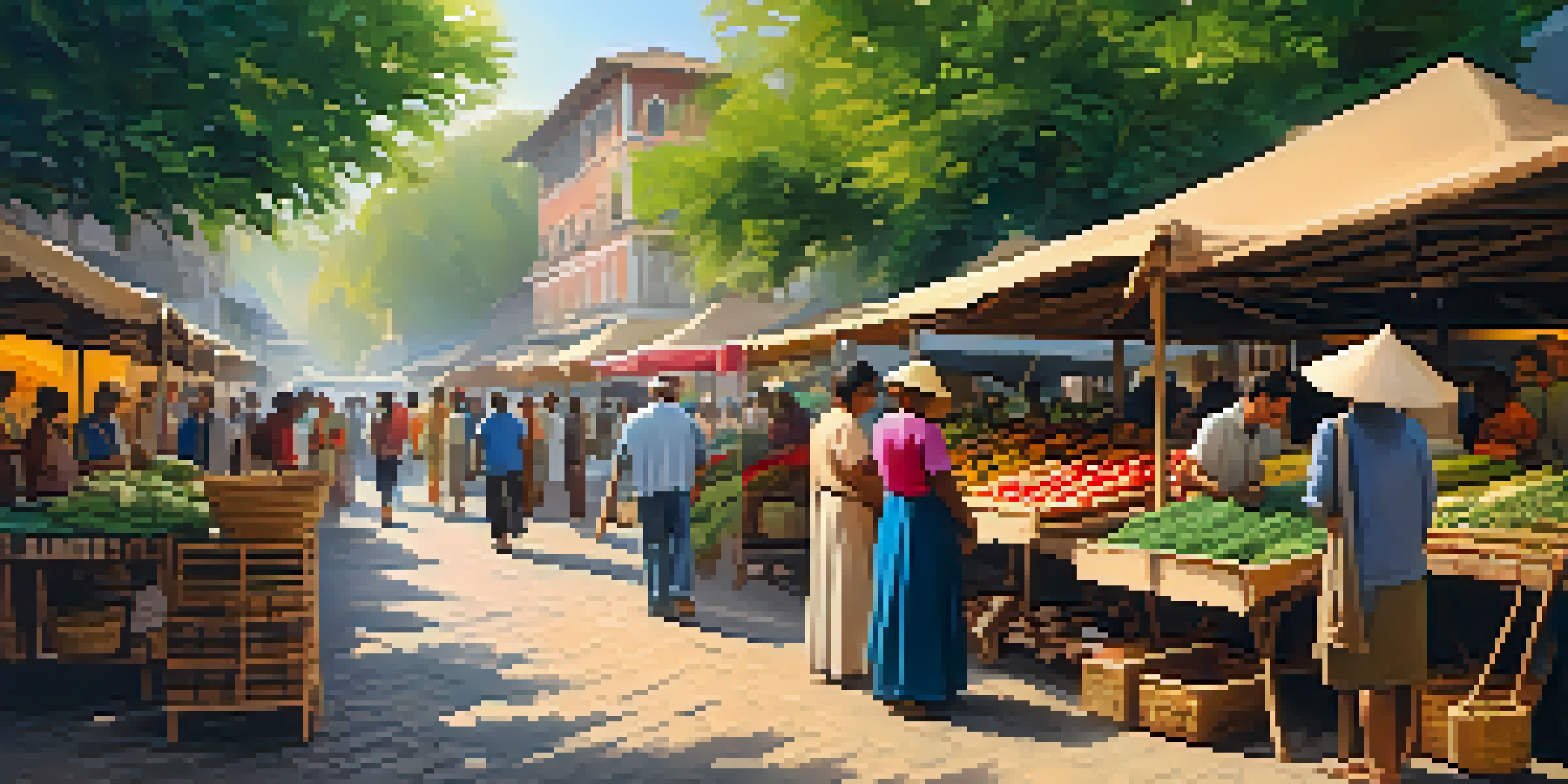 A lively market with travelers and local artisans exchanging goods and stories, filled with colorful stalls and sunlight.