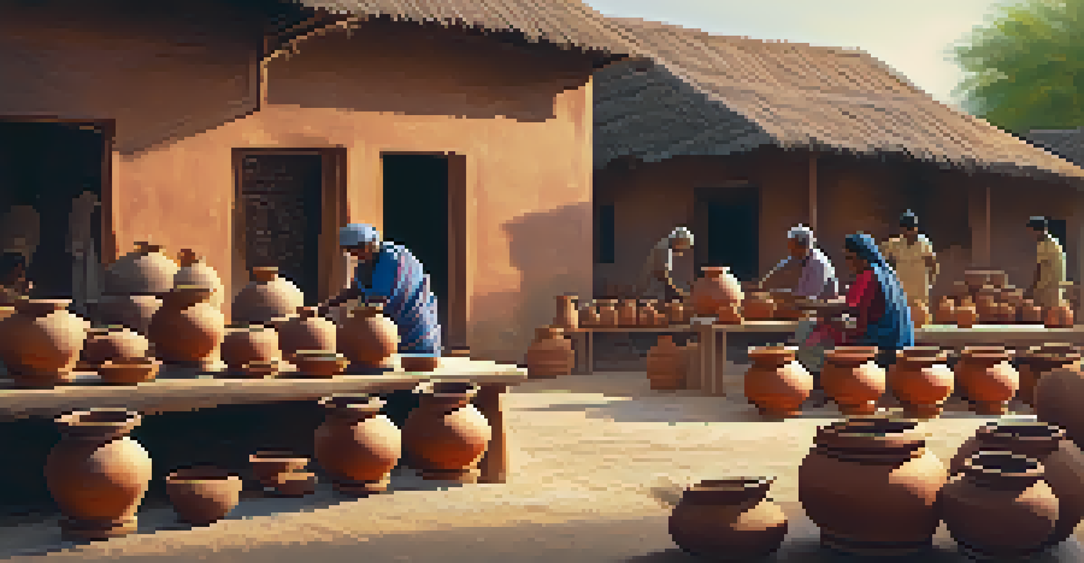 Artisans of various ages working together in an outdoor pottery workshop, surrounded by clay and colorful dyes.