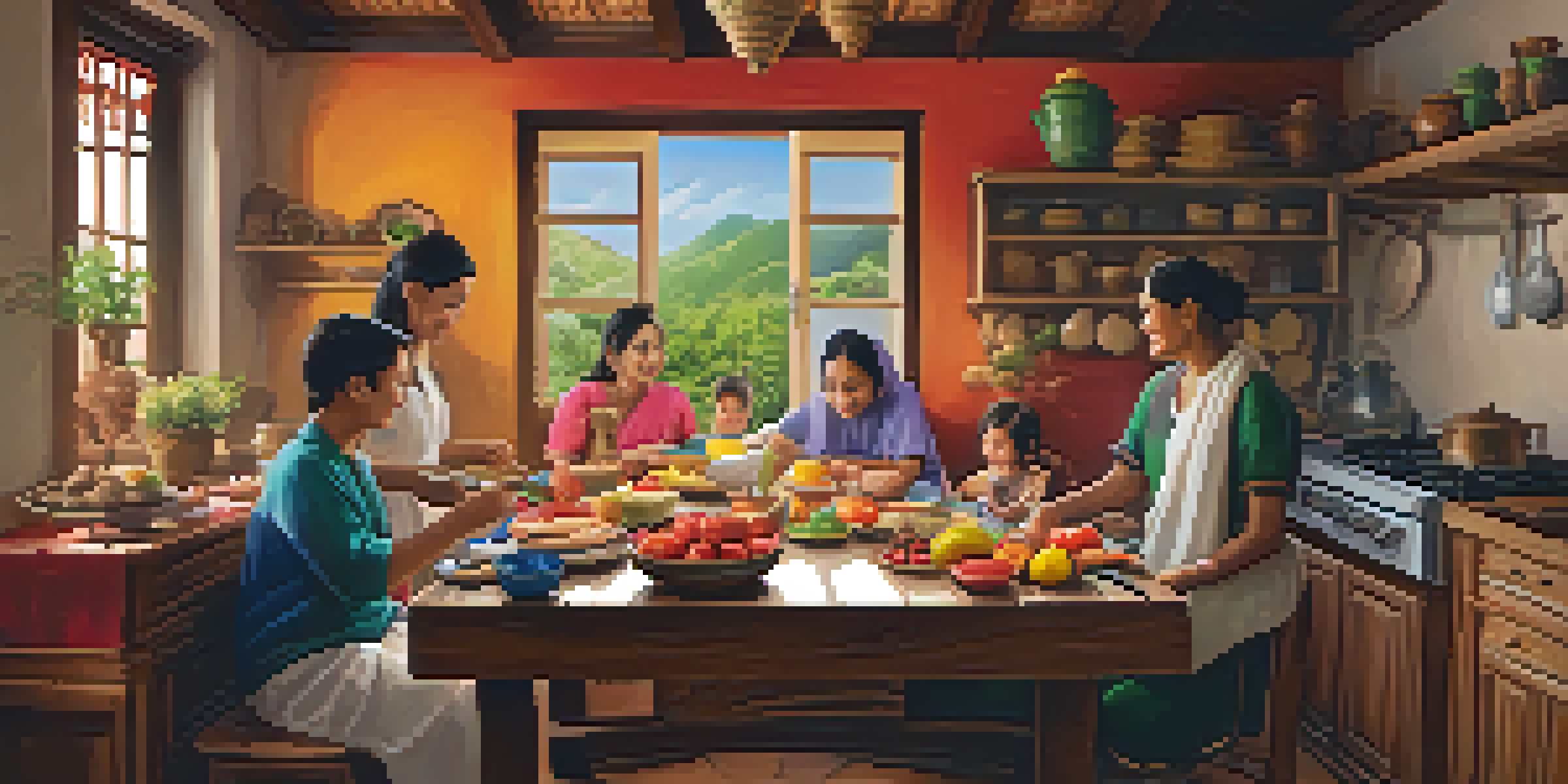 A warm kitchen scene of a family cooking breakfast together, with sunlight streaming in and colorful ingredients on the table.