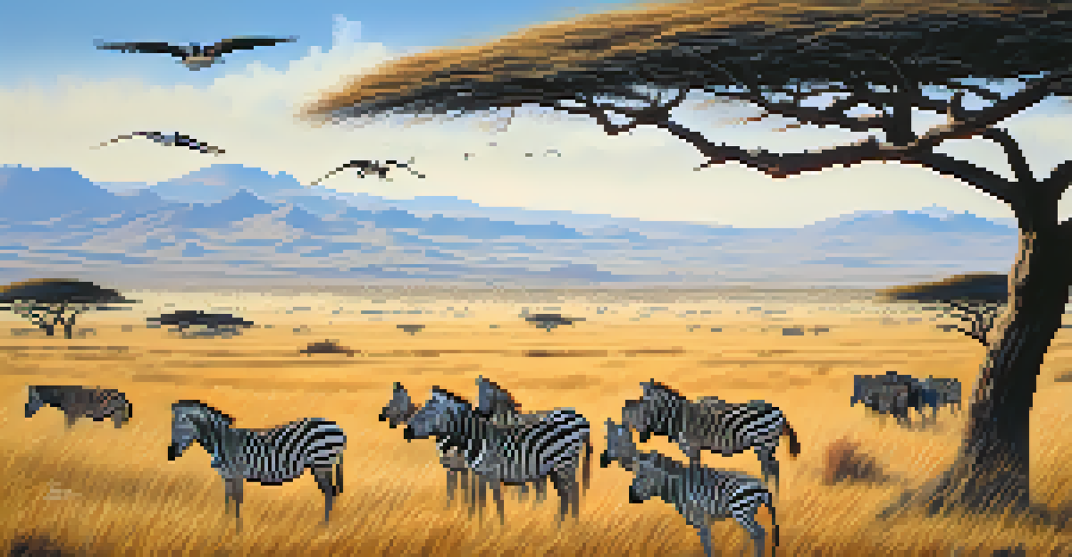 A summer landscape in Serengeti National Park showing a herd of wildebeest and zebras migrating across golden grasslands under a blue sky.