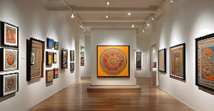 Interior of an art gallery featuring traditional and contemporary Indian artworks with visitors interacting with the pieces.
