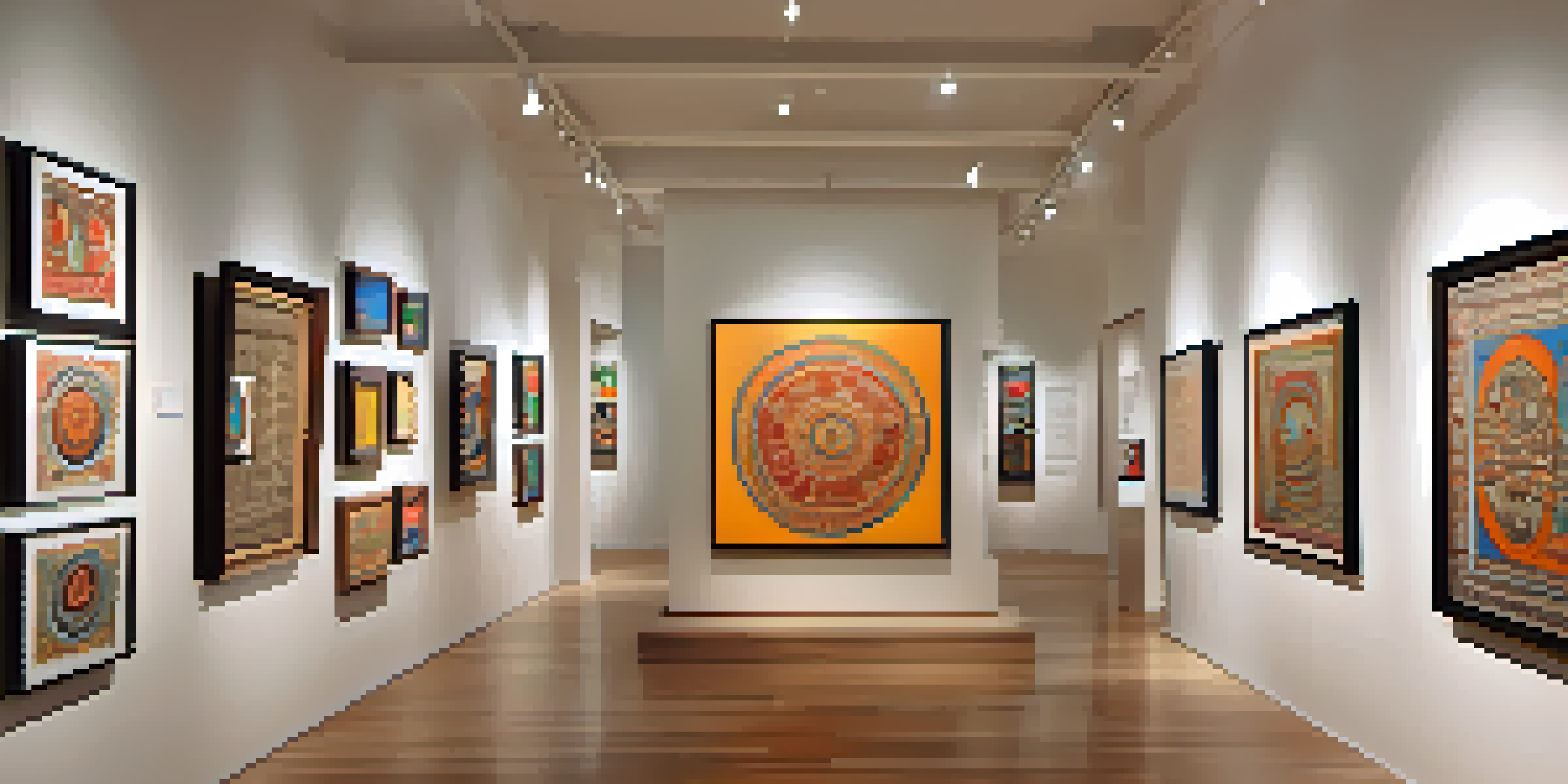 Interior of an art gallery featuring traditional and contemporary Indian artworks with visitors interacting with the pieces.