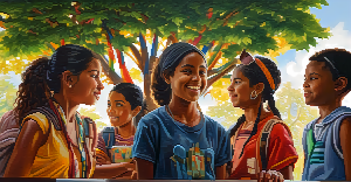 A diverse group of students engaging in a discussion under a colorful mural representing various world cultures, with sunlight filtering through trees.