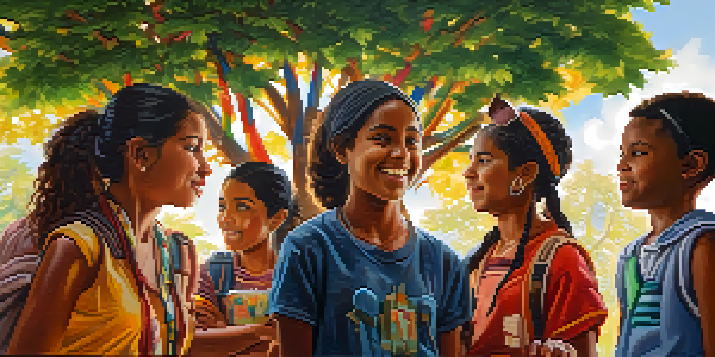 A diverse group of students engaging in a discussion under a colorful mural representing various world cultures, with sunlight filtering through trees.