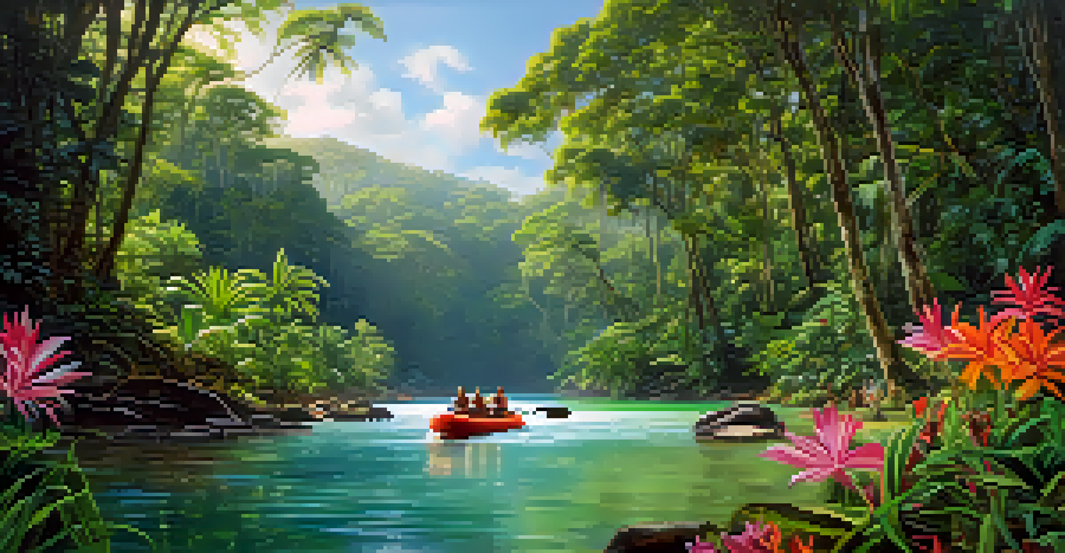 A family rafting on the Tully River, surrounded by a lush tropical rainforest and colorful flowers.
