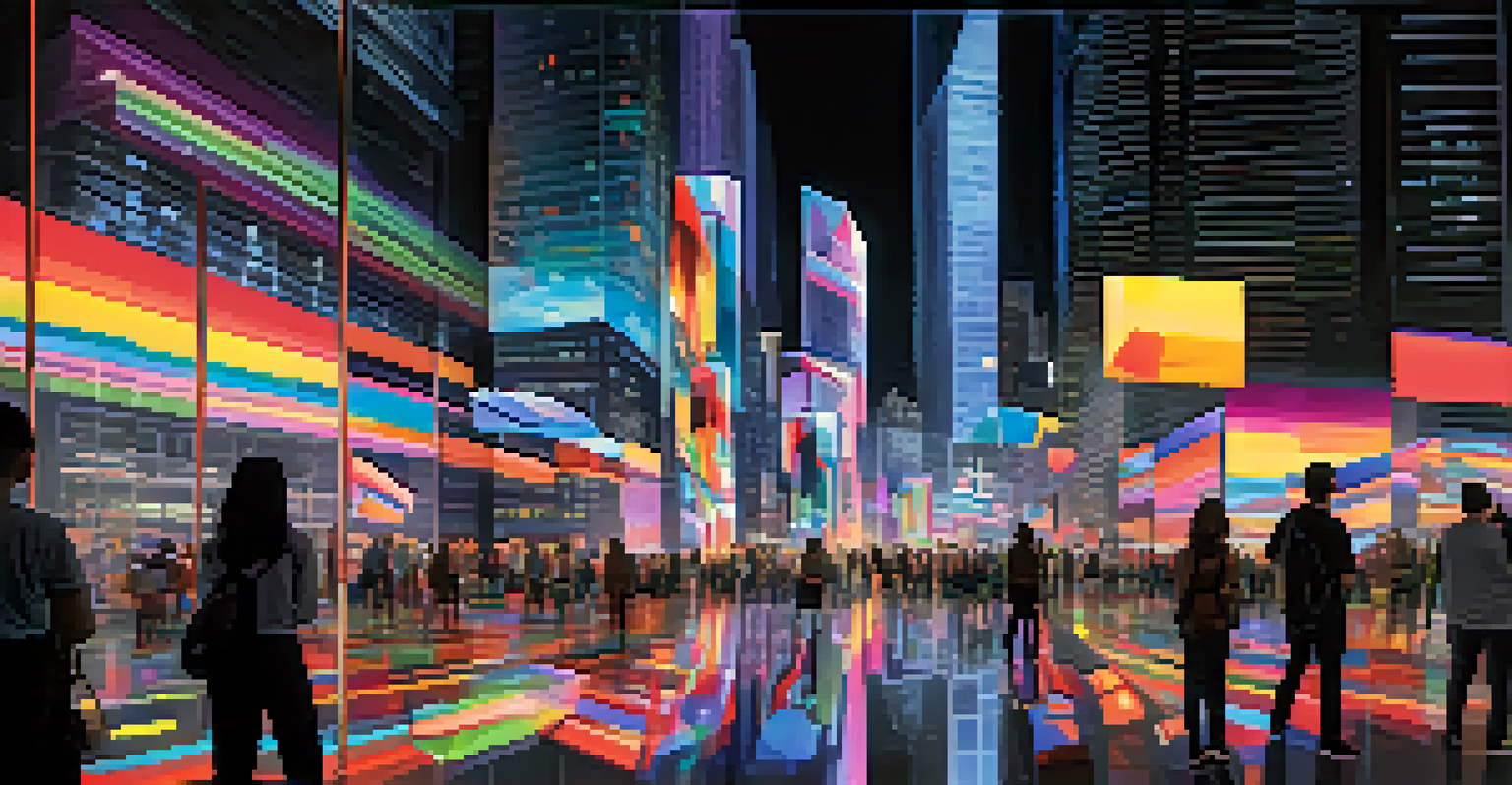 A digital art installation featuring a changing cityscape with colorful lights and people interacting with touch screens to alter the visuals.