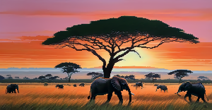 A serene sunset over a Kenyan savannah with silhouettes of acacia trees and elephants in the distance.