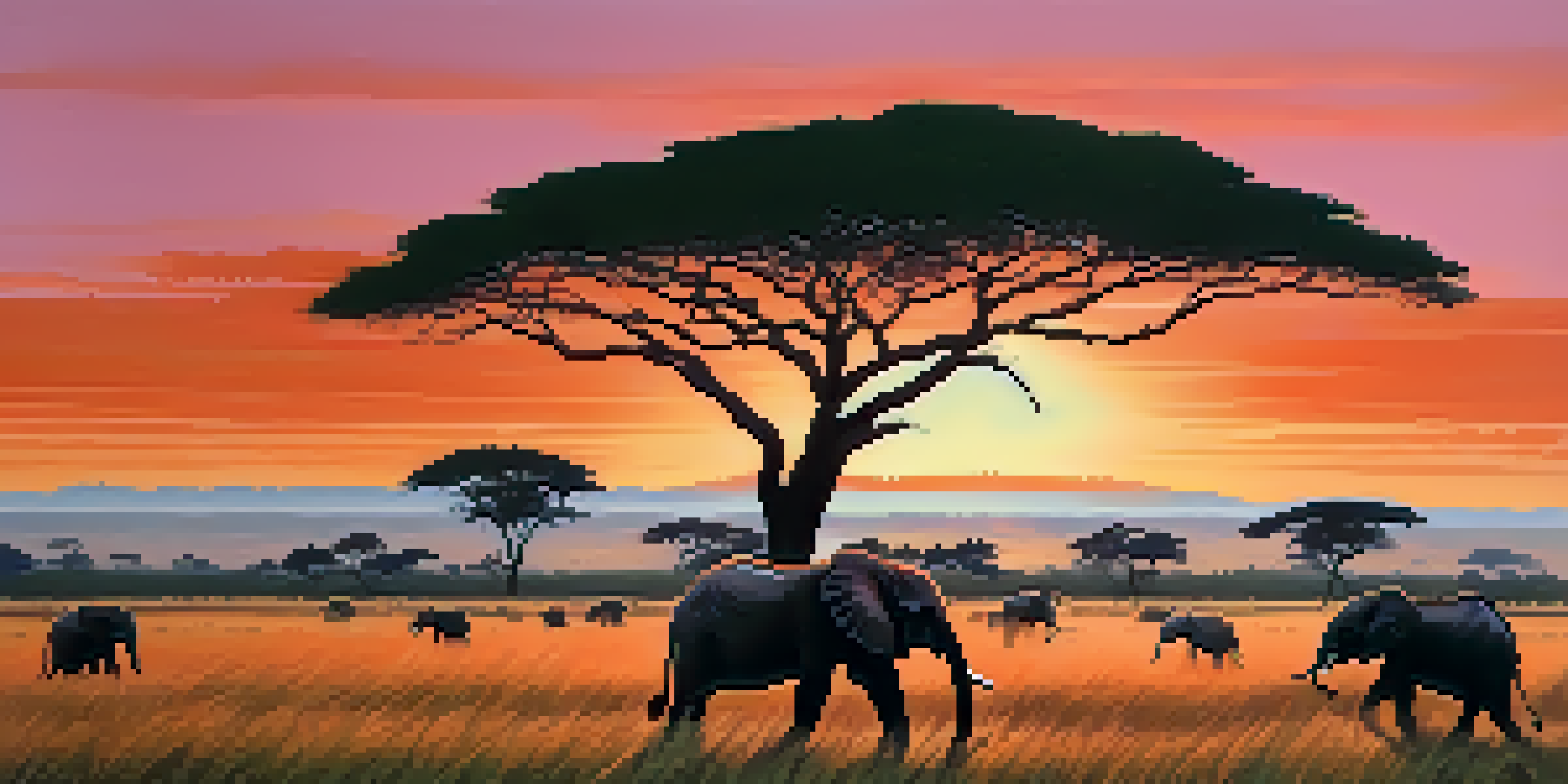 A serene sunset over a Kenyan savannah with silhouettes of acacia trees and elephants in the distance.