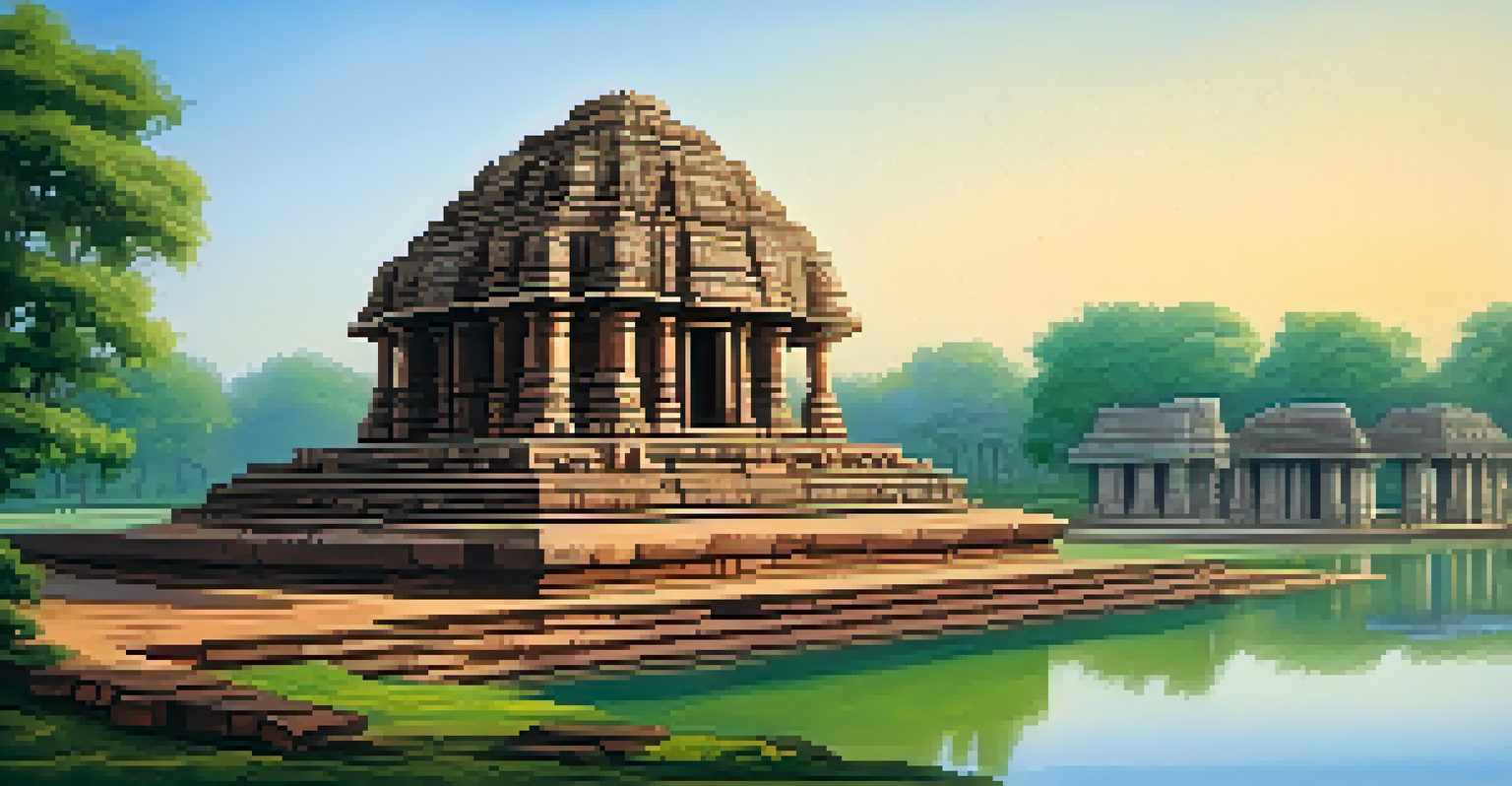 A peaceful view of the Sun Temple in Konark during early morning, showcasing its chariot-like structure and surrounding nature.