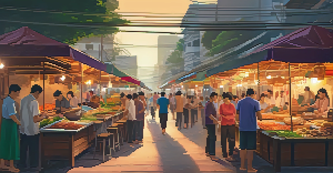 A lively street food market in Bangkok during sunset, filled with vendors and people enjoying grilled meat and colorful vegetables.