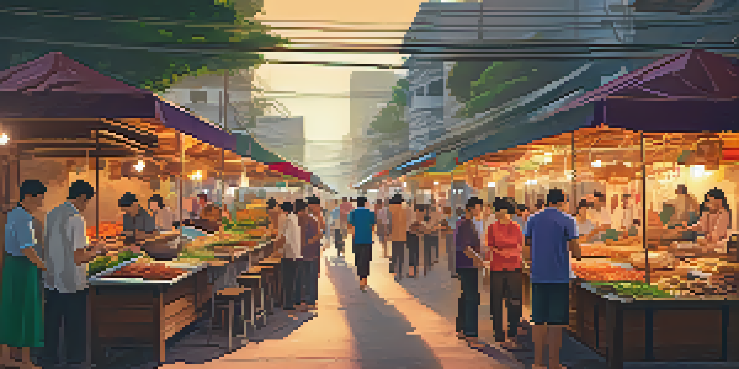 A lively street food market in Bangkok during sunset, filled with vendors and people enjoying grilled meat and colorful vegetables.