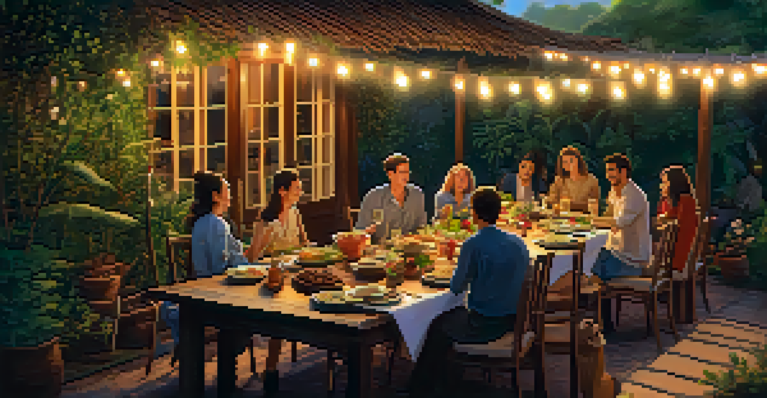 A picturesque outdoor dining setup in a garden, with a long table filled with traditional dishes and guests enjoying the meal.
