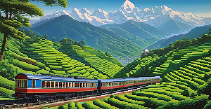 A beautiful landscape showing the Darjeeling Himalayan Railway amidst green tea gardens with Kanchenjunga mountain in the background.