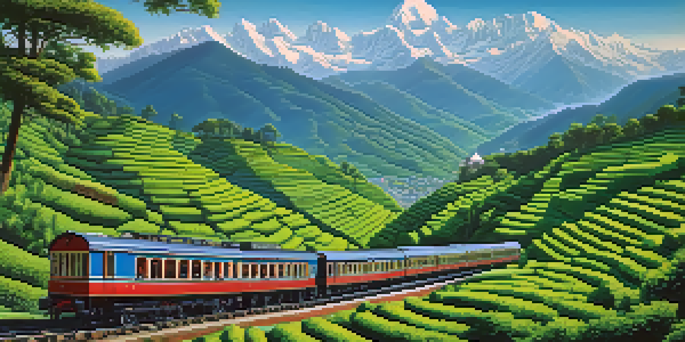 A beautiful landscape showing the Darjeeling Himalayan Railway amidst green tea gardens with Kanchenjunga mountain in the background.