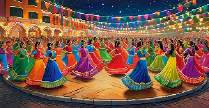 A group of dancers in colorful traditional attire performing Garba dance in a circular formation, surrounded by festive decorations and lights at night.