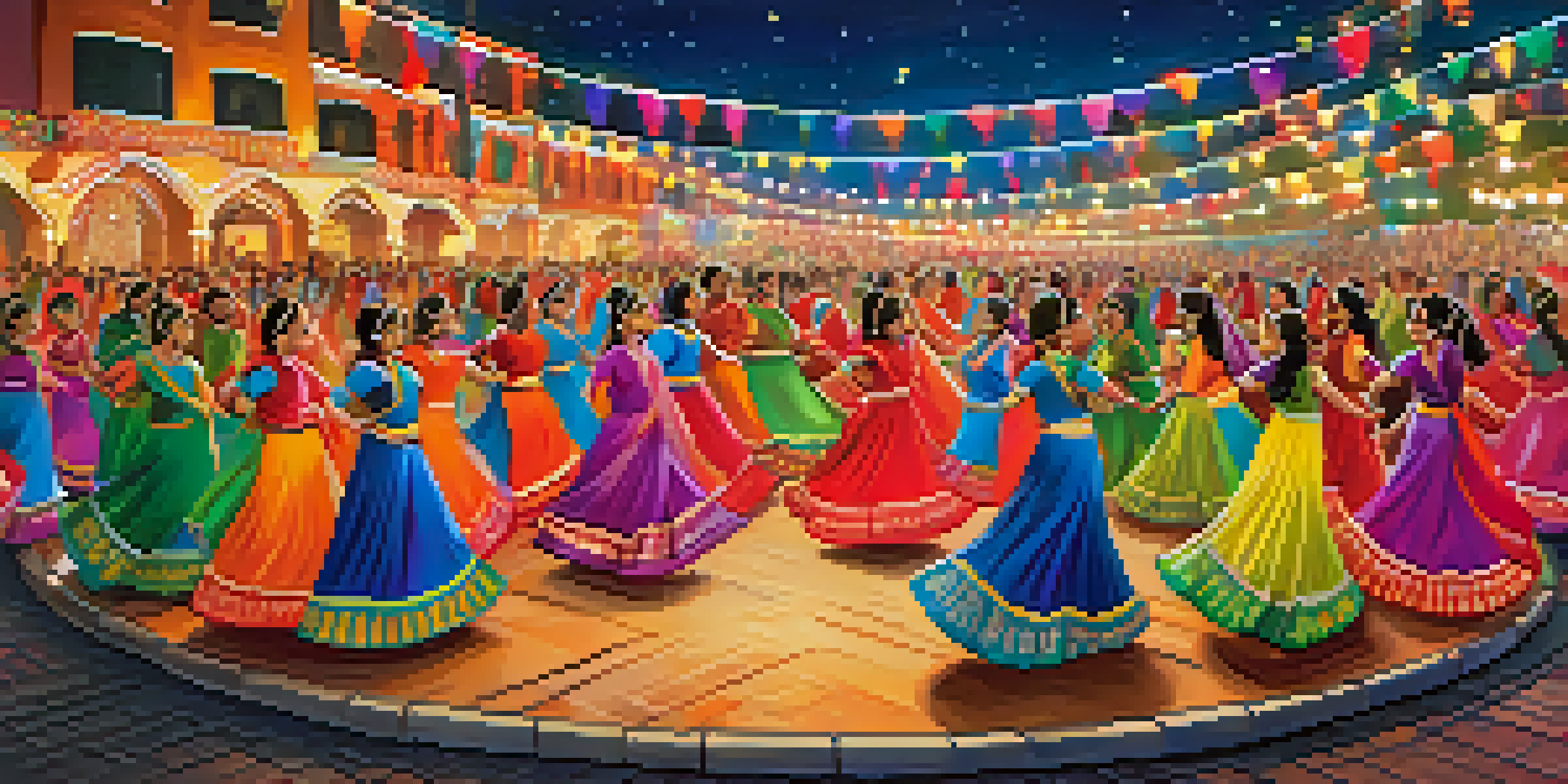 A group of dancers in colorful traditional attire performing Garba dance in a circular formation, surrounded by festive decorations and lights at night.
