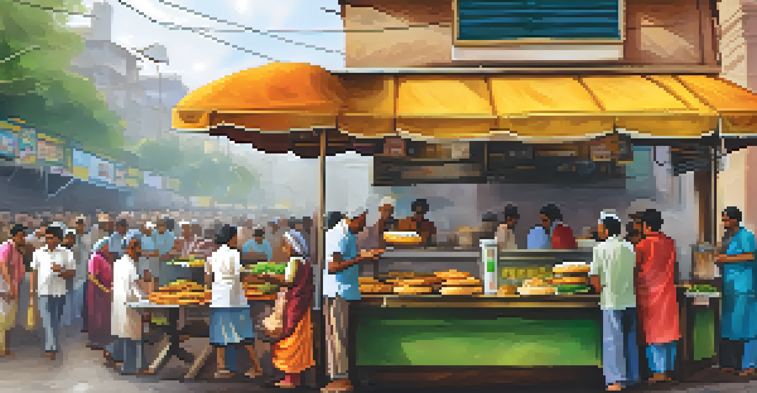 A street food vendor in Mumbai preparing vada pav amidst a lively crowd.