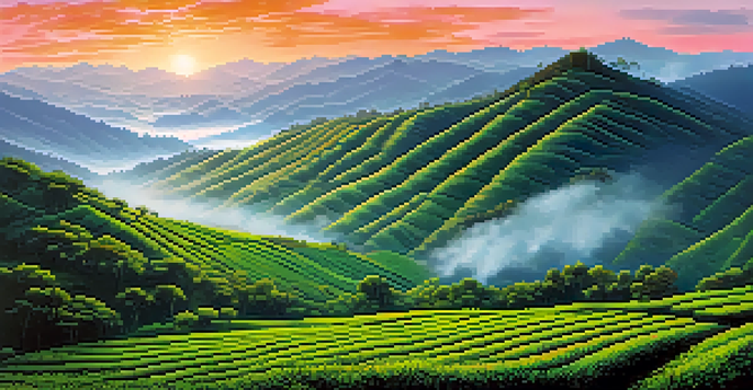 A beautiful sunrise over the Nilgiri Hills, featuring green tea plantations and eucalyptus trees, with mist in the valleys.