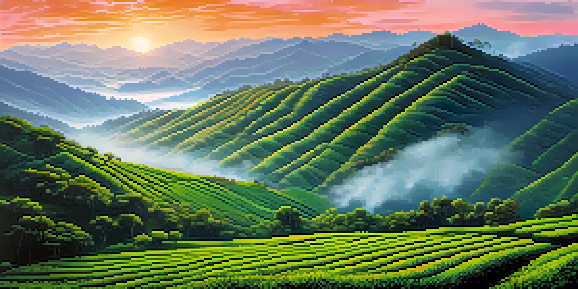 A beautiful sunrise over the Nilgiri Hills, featuring green tea plantations and eucalyptus trees, with mist in the valleys.
