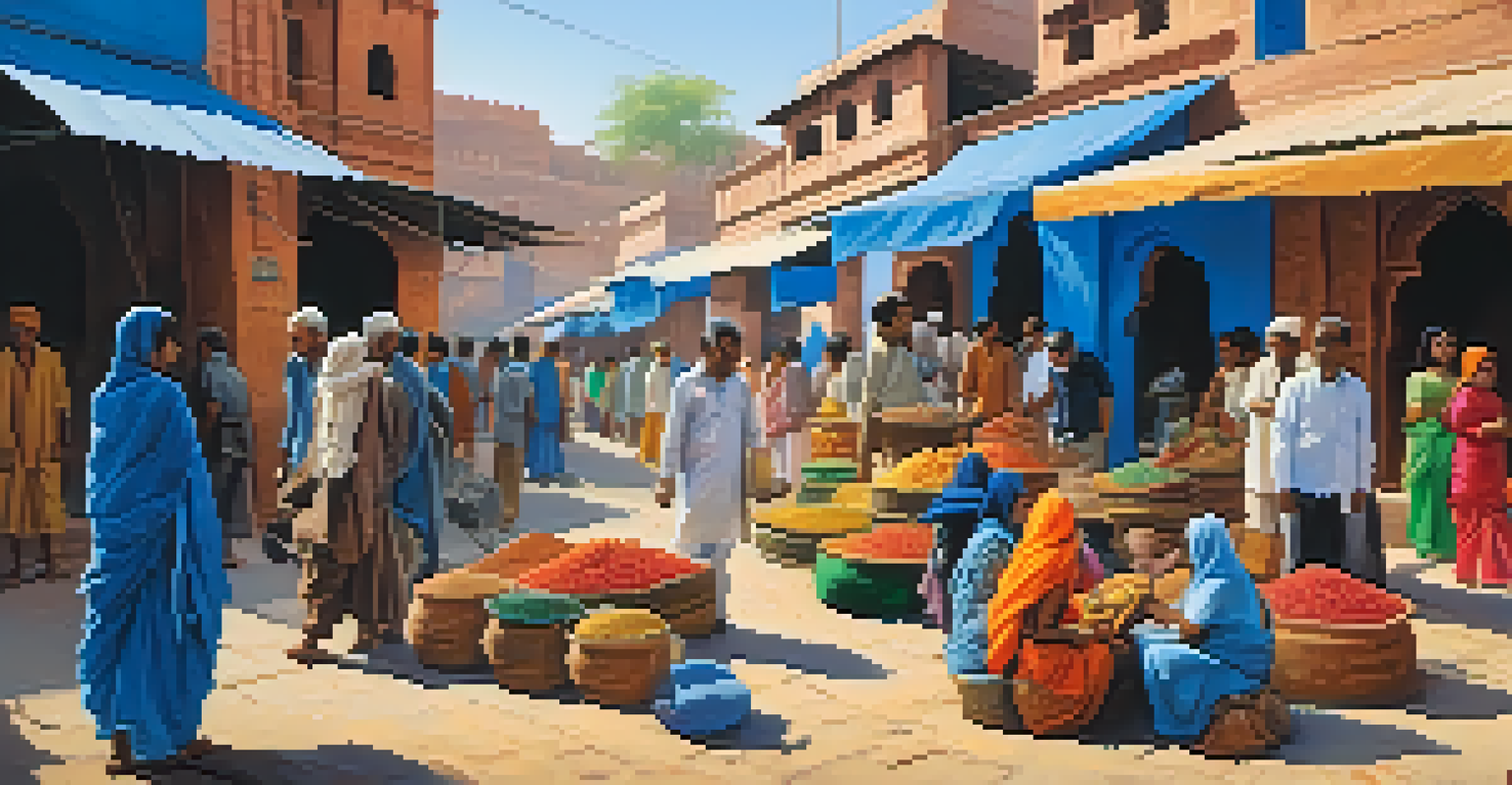 A lively market in Jodhpur with artisans and colorful buildings, showcasing local crafts and textiles.