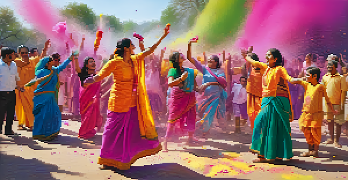 Families celebrating Holi, throwing colored powders in the air with joy and laughter.