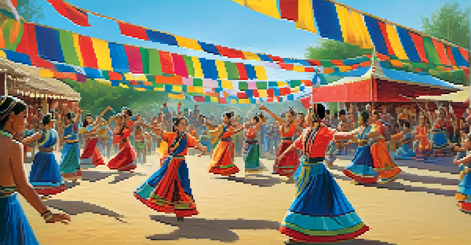 A lively cultural event at a heritage interpretation center with local music and dance performances, surrounded by colorful decorations and enthusiastic attendees.