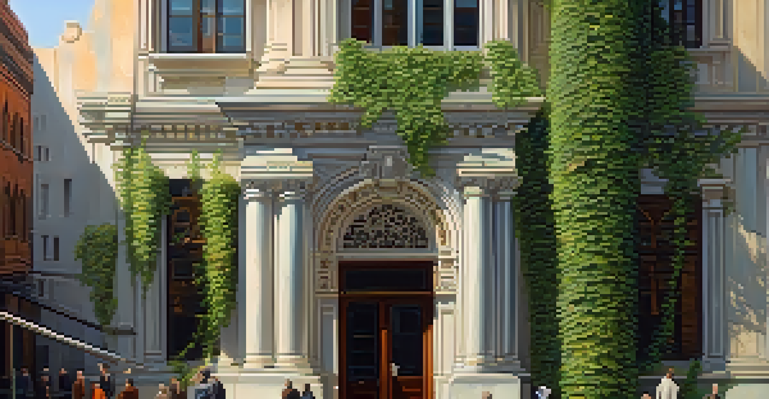 A historical building with ivy, showcasing architectural details and a walking tour group listening to a guide.