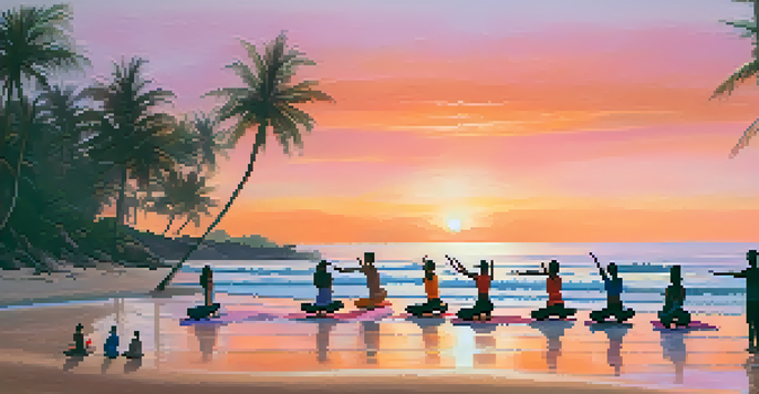 A group of people practicing yoga on the beach during sunrise, with colorful skies and gentle waves.