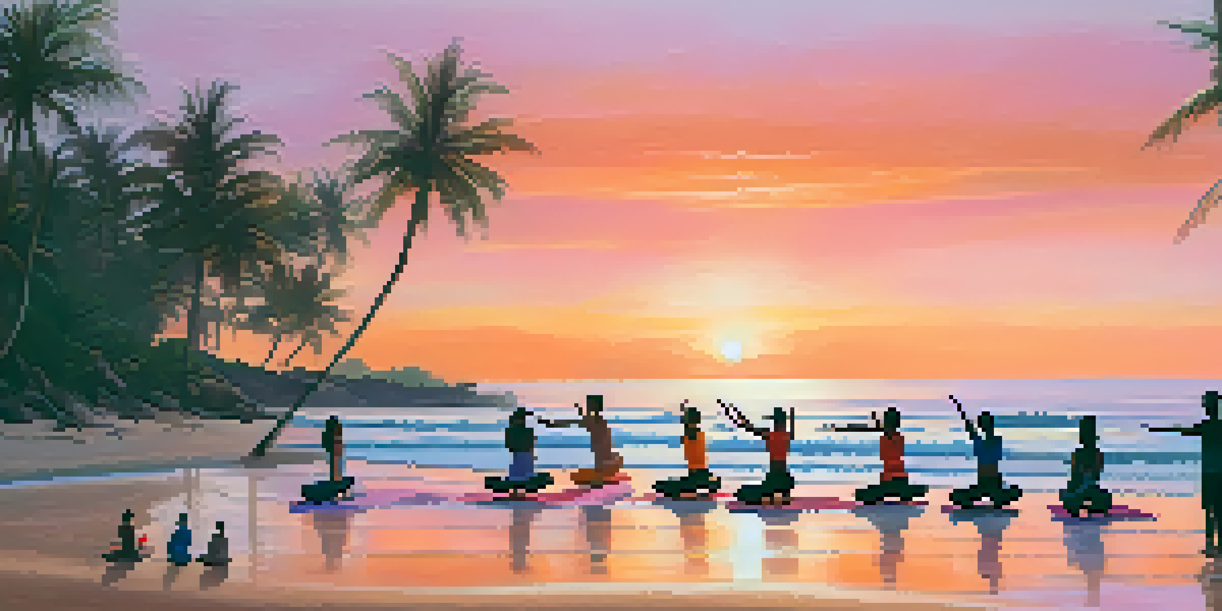 A group of people practicing yoga on the beach during sunrise, with colorful skies and gentle waves.