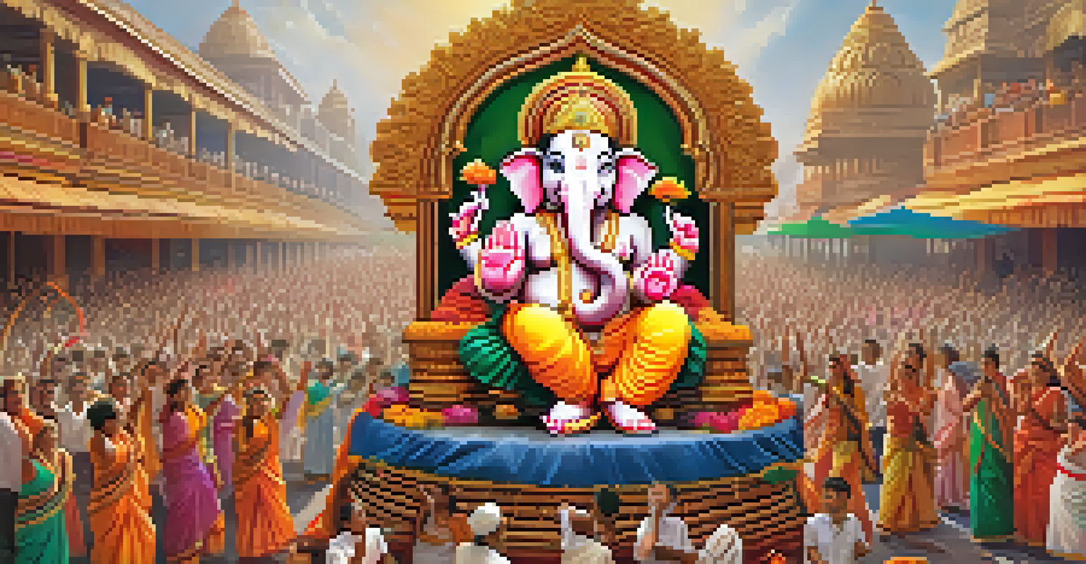 A vibrant Ganesh Chaturthi celebration with a large Ganesha idol and devotees in traditional attire.
