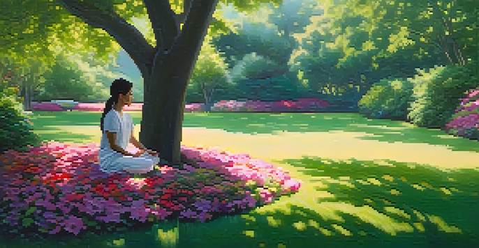 A serene garden scene with a person meditating cross-legged on grass, surrounded by colorful flowers and greenery, with soft sunlight filtering through trees.