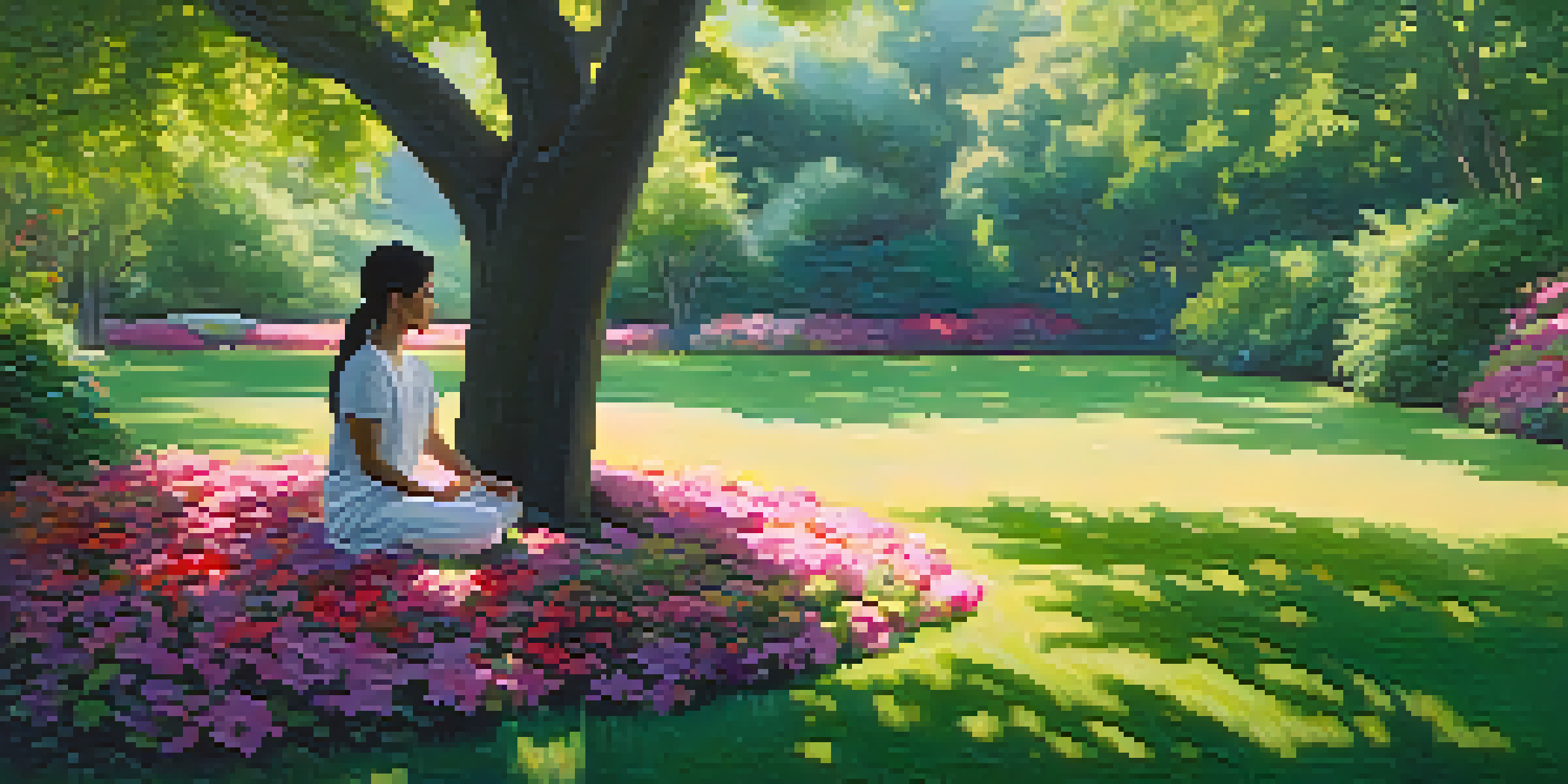 A serene garden scene with a person meditating cross-legged on grass, surrounded by colorful flowers and greenery, with soft sunlight filtering through trees.