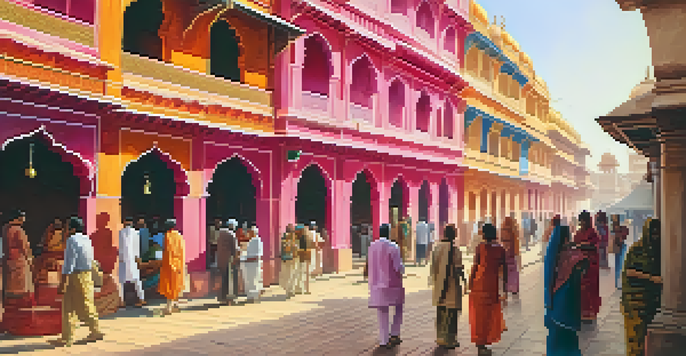 A vibrant street in Jaipur with pink buildings, locals going about their day, and colorful market stalls under soft morning light.